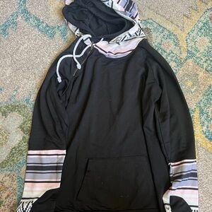 Black Double Hooded Pullover Shirt with Pink & Gray Accent L